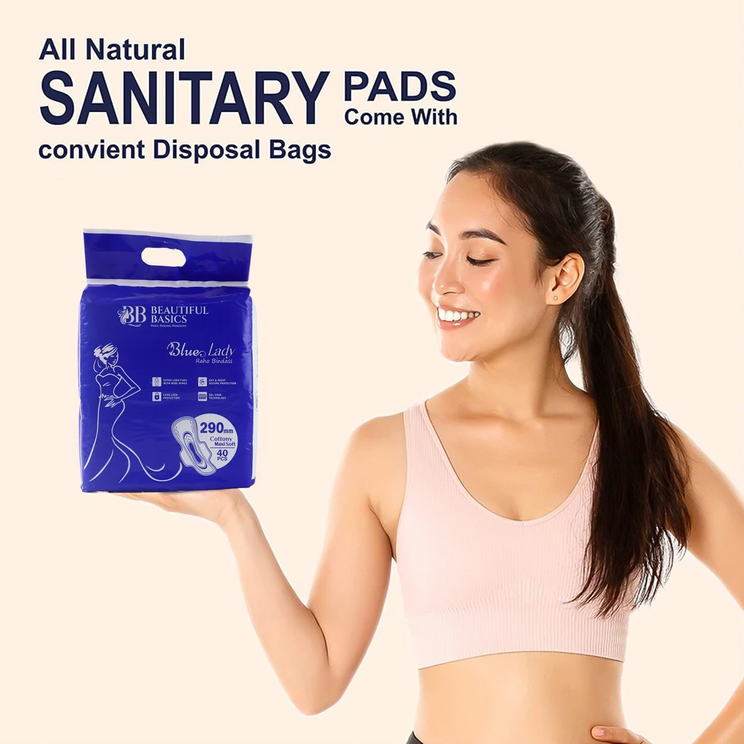 Beautiful Basics Blue Lady Extra Long Pads With Wides Wings Sanitary Pads – 290 mm, 40-Pack