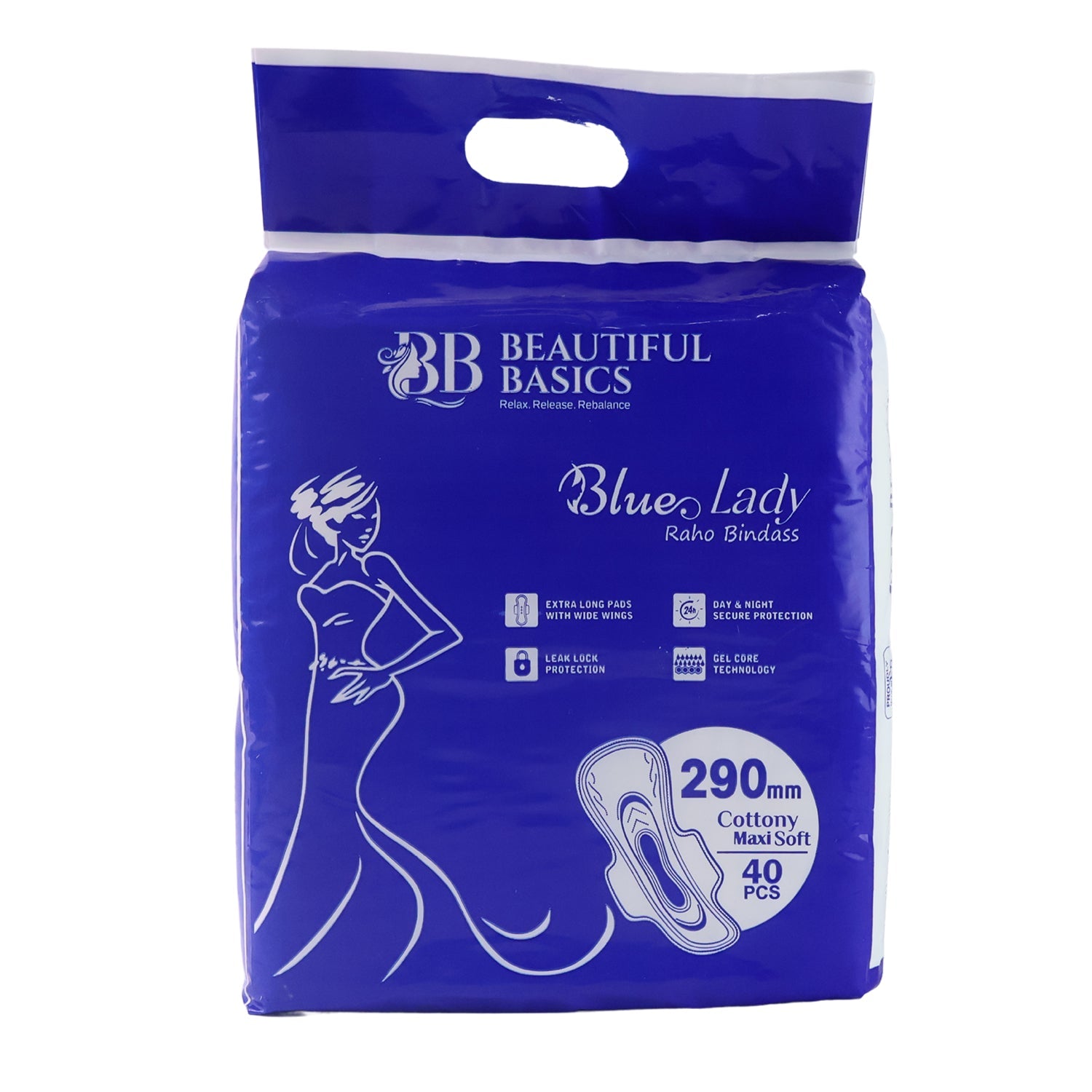 Beautiful Basics Blue Lady Extra Long Pads With Wides Wings Sanitary Pads – 290 mm, 40-Pack