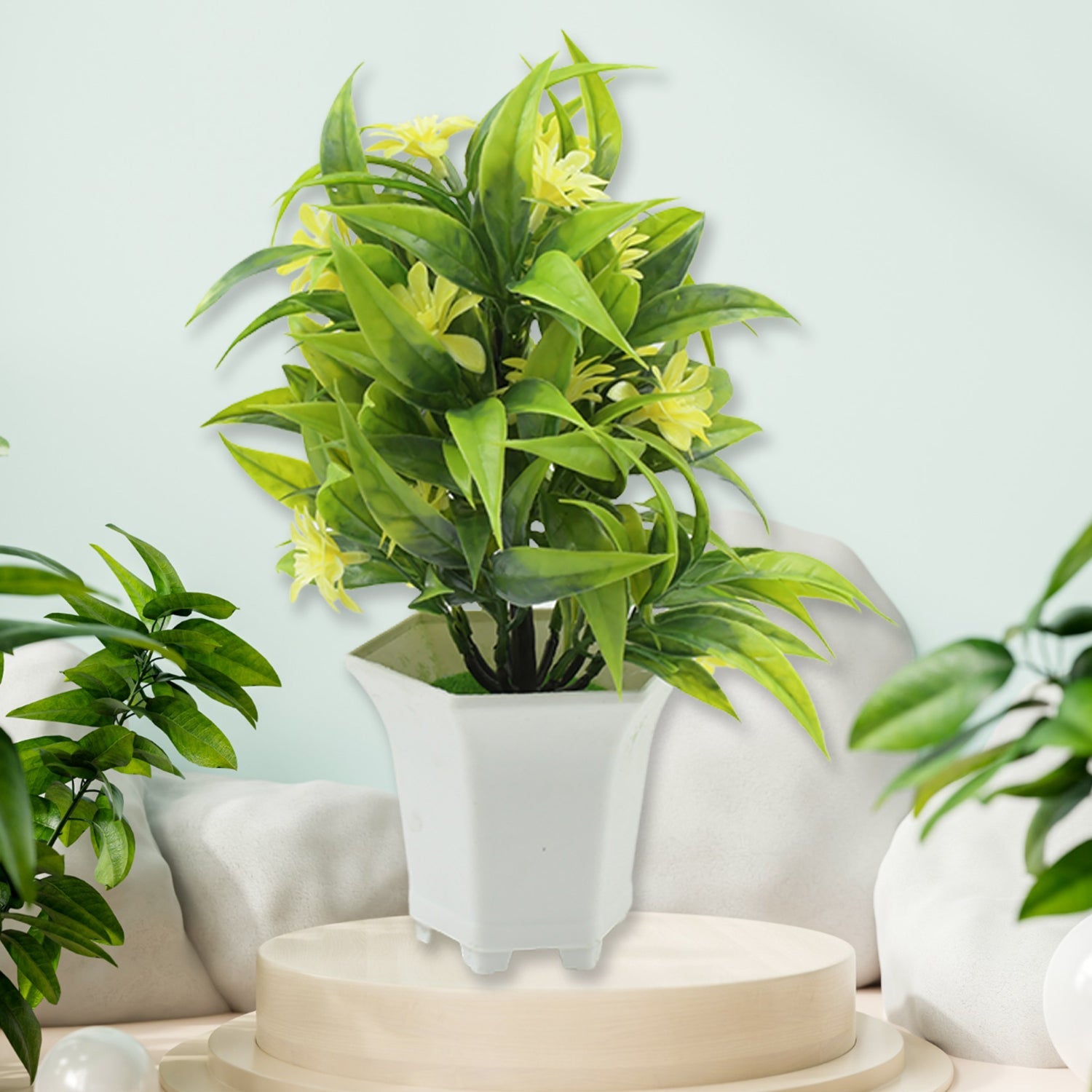 Artificial Flower Plant with Cute Pot – Home & Office Tabletop Decor, Indoor Balcony Plant (1 Pc)