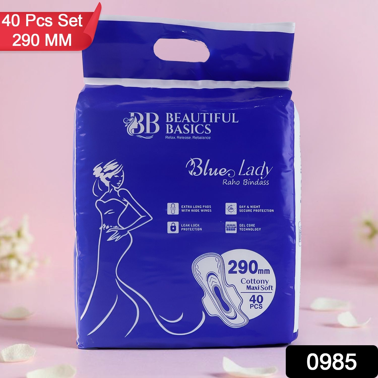 Beautiful Basics Blue Lady Extra Long Pads With Wides Wings Sanitary Pads – 290 mm, 40-Pack