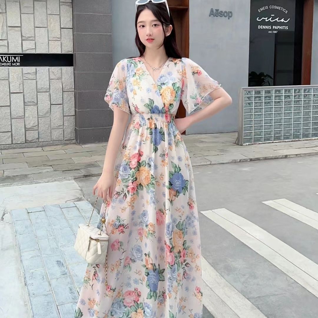 V-neck Mori Style Slim Fairy Floral Dress