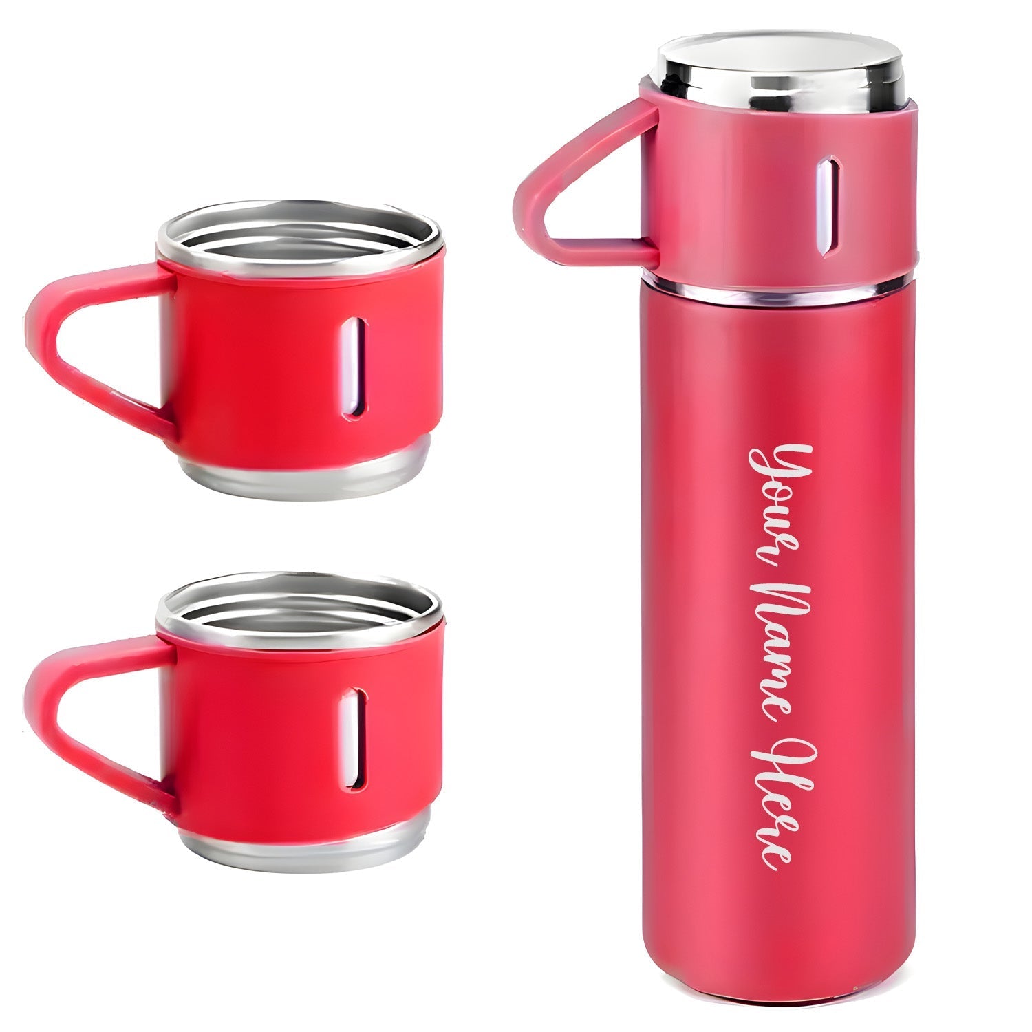 Customized Stainless Steel Vacuum Flask Set with 3 Cups – 500ML | Personalized Name Bottle Gift Combo for Boyfriend, Girlfriend, Employee
