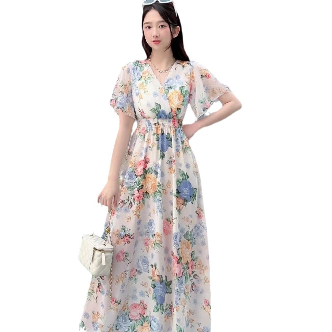 V-neck Mori Style Slim Fairy Floral Dress